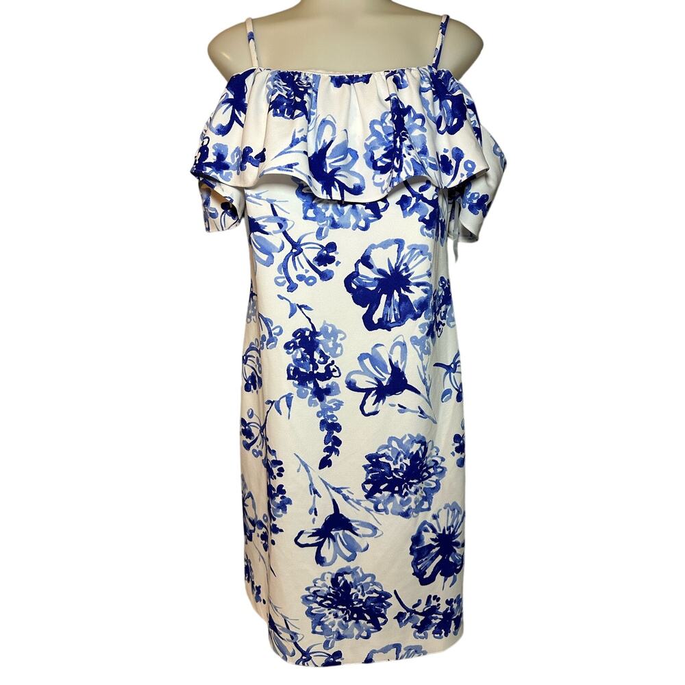 Lauren by Ralph Lauren Women's Cold-Shoulder Floral Crepe Blue And White Dress 8 - Picture 1 of 7
